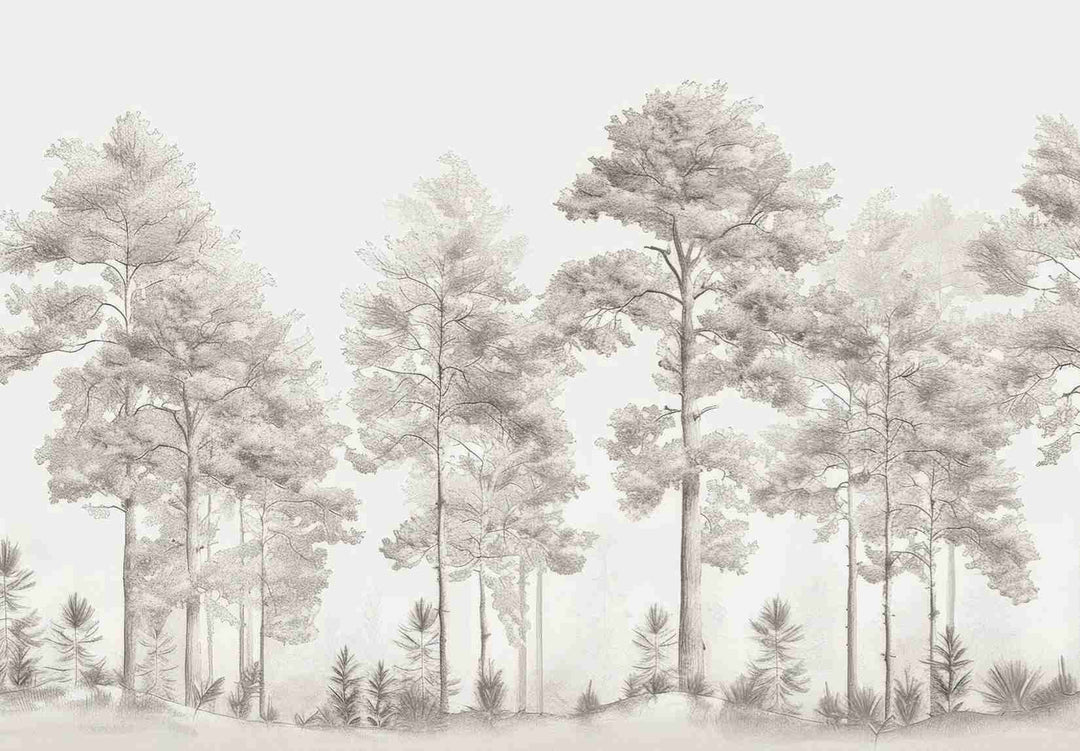 Douceurs des bois - Papier Peint Panoramique Arbres en Beige et Gris - Illulart: Papier peint panoramique