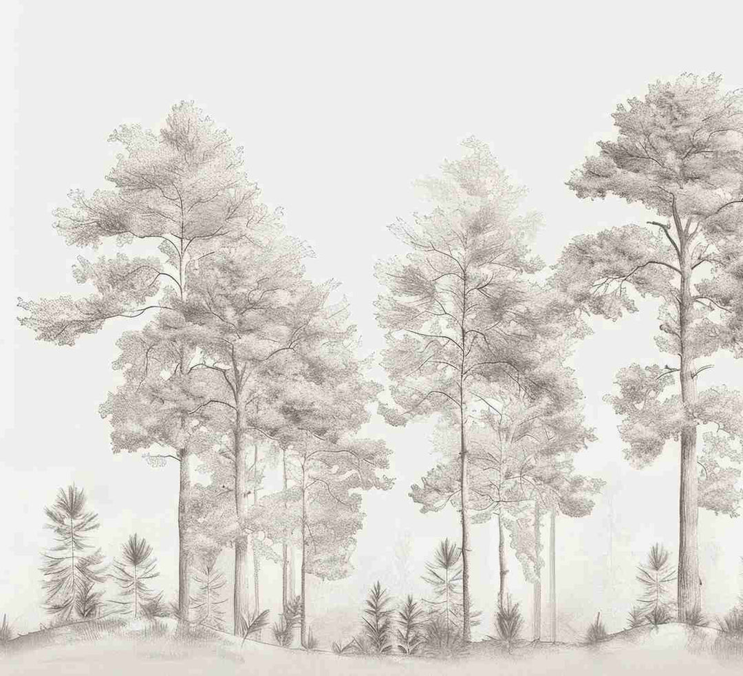 Douceurs des bois - Papier Peint Panoramique Arbres en Beige et Gris - Illulart: Papier peint panoramique
