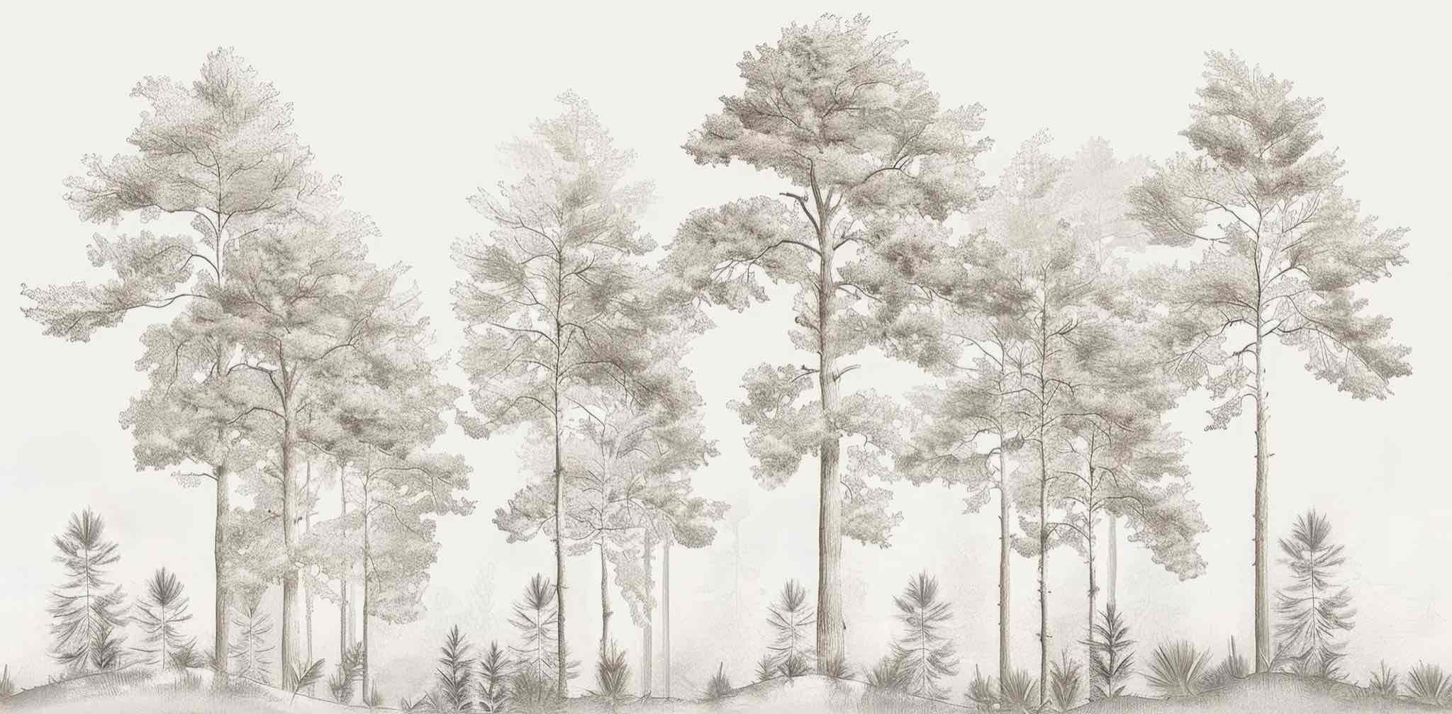 Douceurs des bois - Papier Peint Panoramique Arbres en Beige et Gris