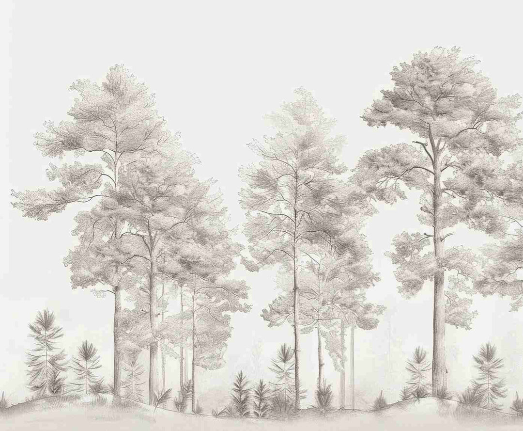 Douceurs des bois - Papier Peint Panoramique Arbres en Beige et Gris - Illulart: Papier peint panoramique
