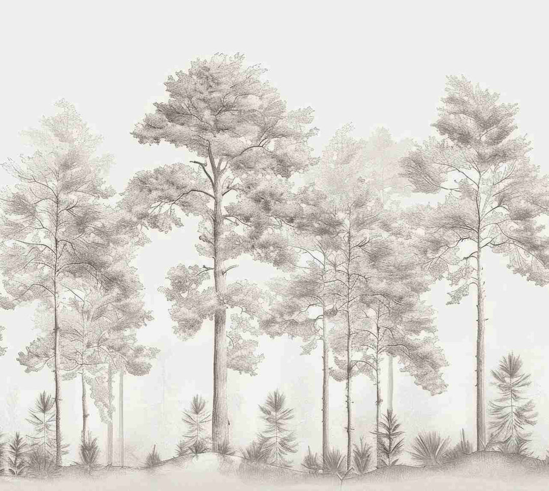 Douceurs des bois - Papier Peint Panoramique Arbres en Beige et Gris - Illulart: Papier peint panoramique