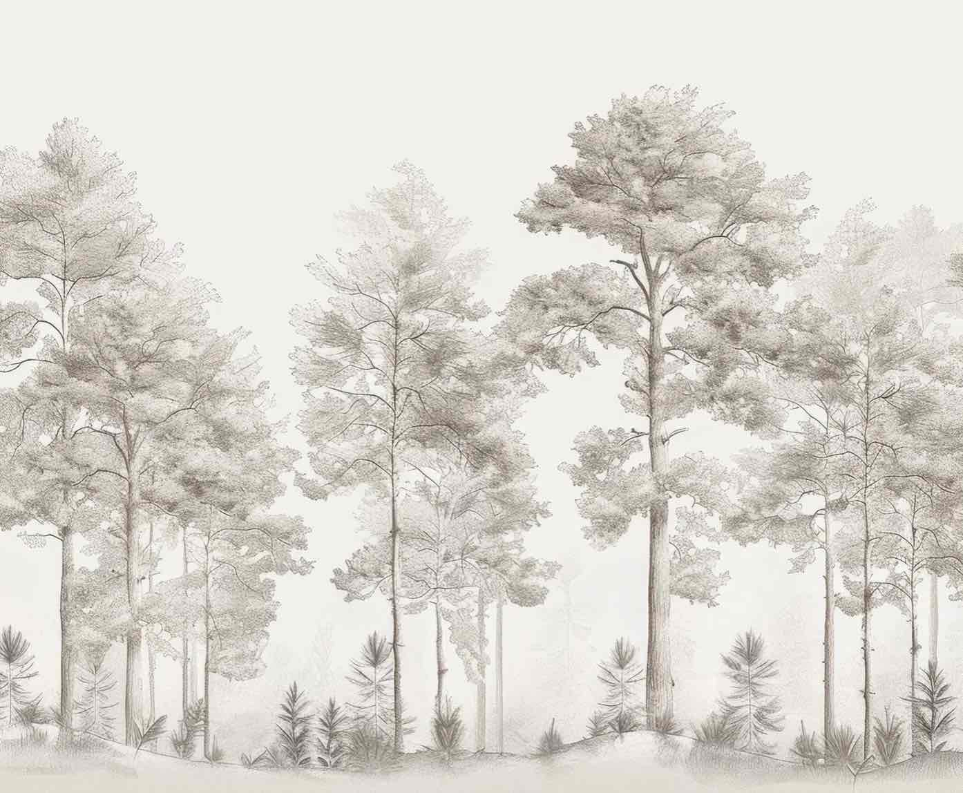 Douceurs des bois - Papier Peint Panoramique Arbres en Beige et Gris - Illulart: Papier peint panoramique