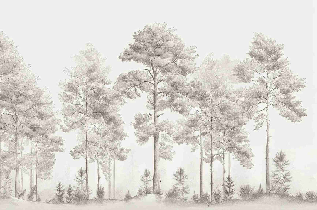Douceurs des bois - Papier Peint Panoramique Arbres en Beige et Gris - Illulart: Papier peint panoramique