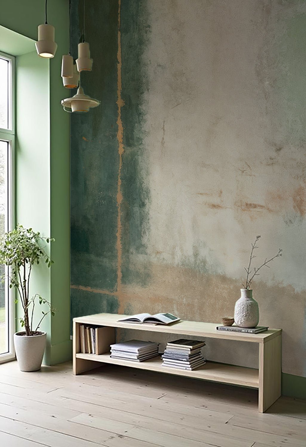 Éclats bruts en vert et sable – Papier peint abstrait - Illulart: Papier peint panoramique