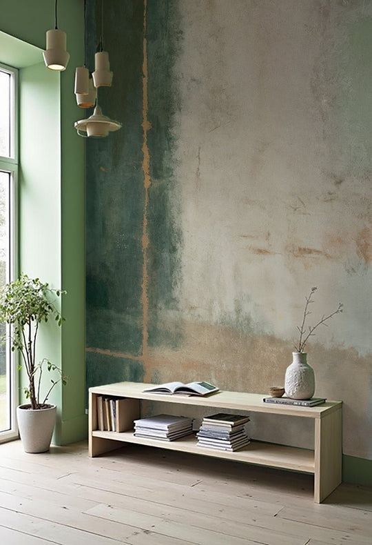 Éclats bruts en vert et sable – Papier peint abstrait - Illulart: Papier peint panoramique