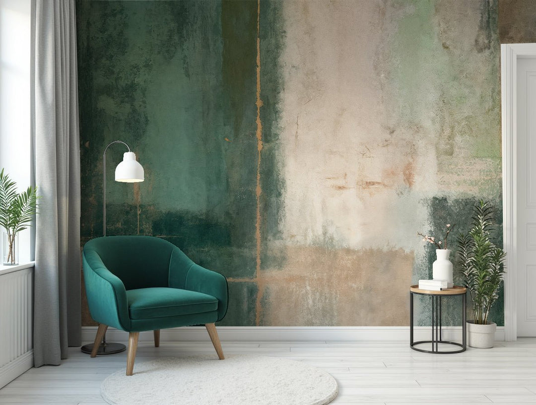 Éclats bruts en vert et sable – Papier peint abstrait - Illulart: Papier peint panoramique