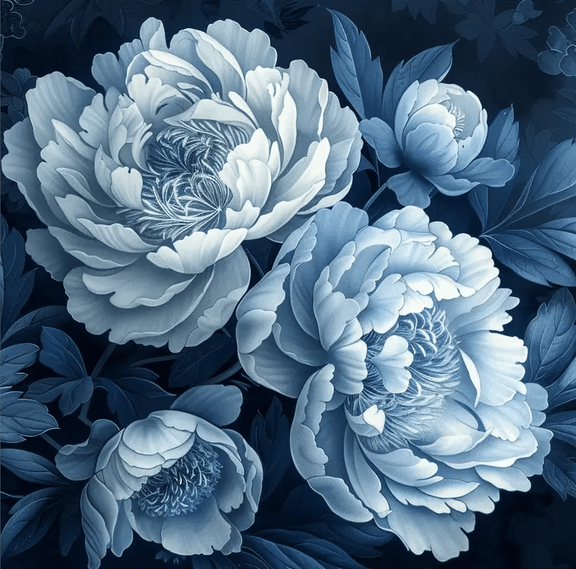 Elégance des pivoines en bleu nuit - Illulart: Papier peint panoramique