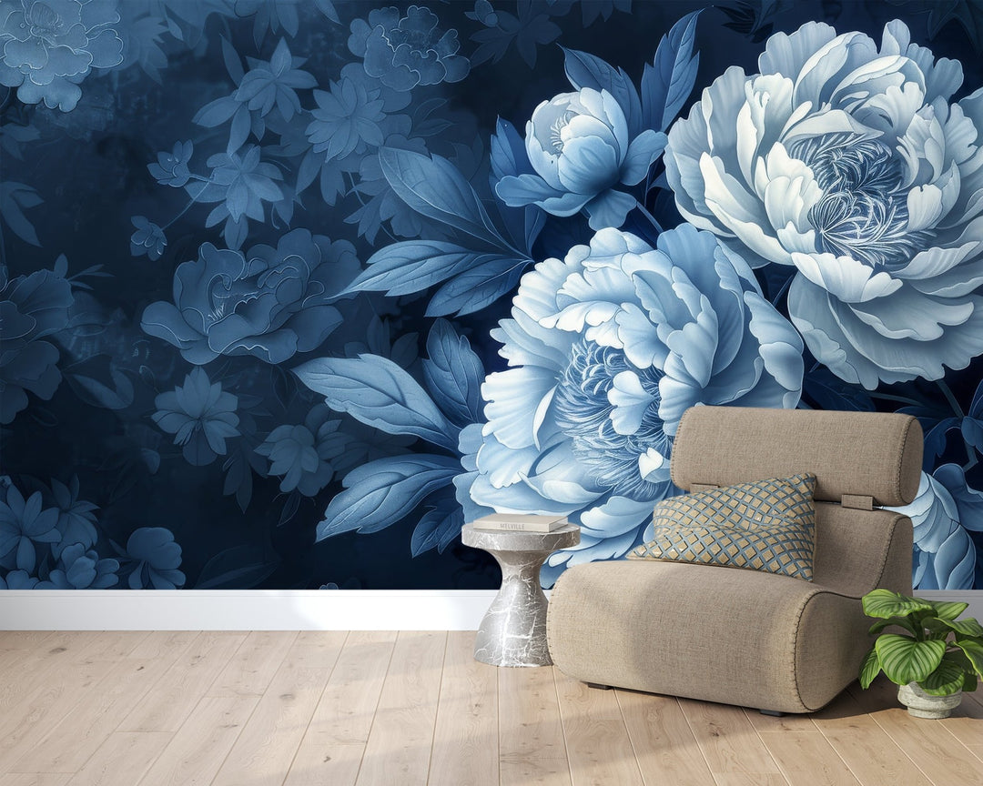 Elégance des pivoines en bleu nuit - Illulart: Papier peint panoramique