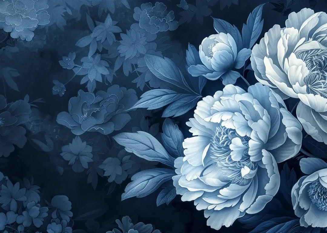 Elégance des pivoines en bleu nuit - Illulart: Papier peint panoramique