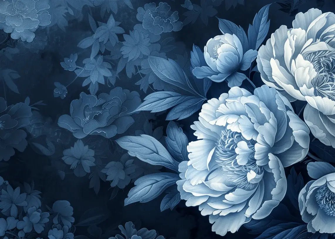Elégance des pivoines en bleu nuit - Illulart: Papier peint panoramique