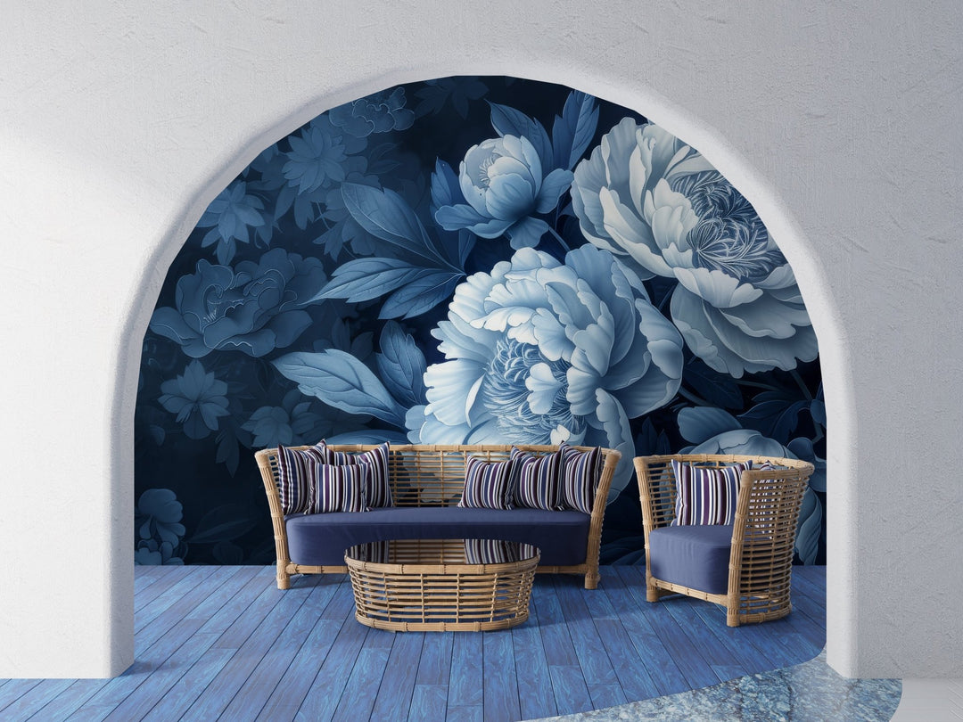 Elégance des pivoines en bleu nuit - Illulart: Papier peint panoramique