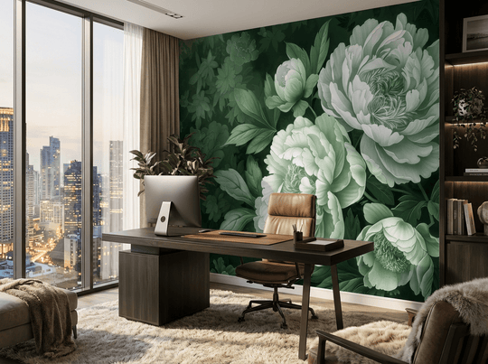 Elégance des pivoines en vert sauge - Illulart: Papier peint panoramique