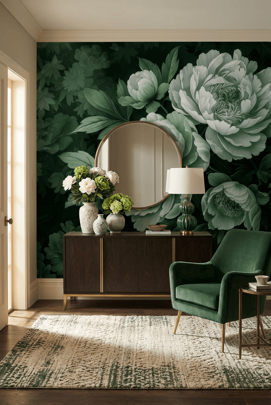 Elégance des pivoines en vert sauge - Illulart: Papier peint panoramique