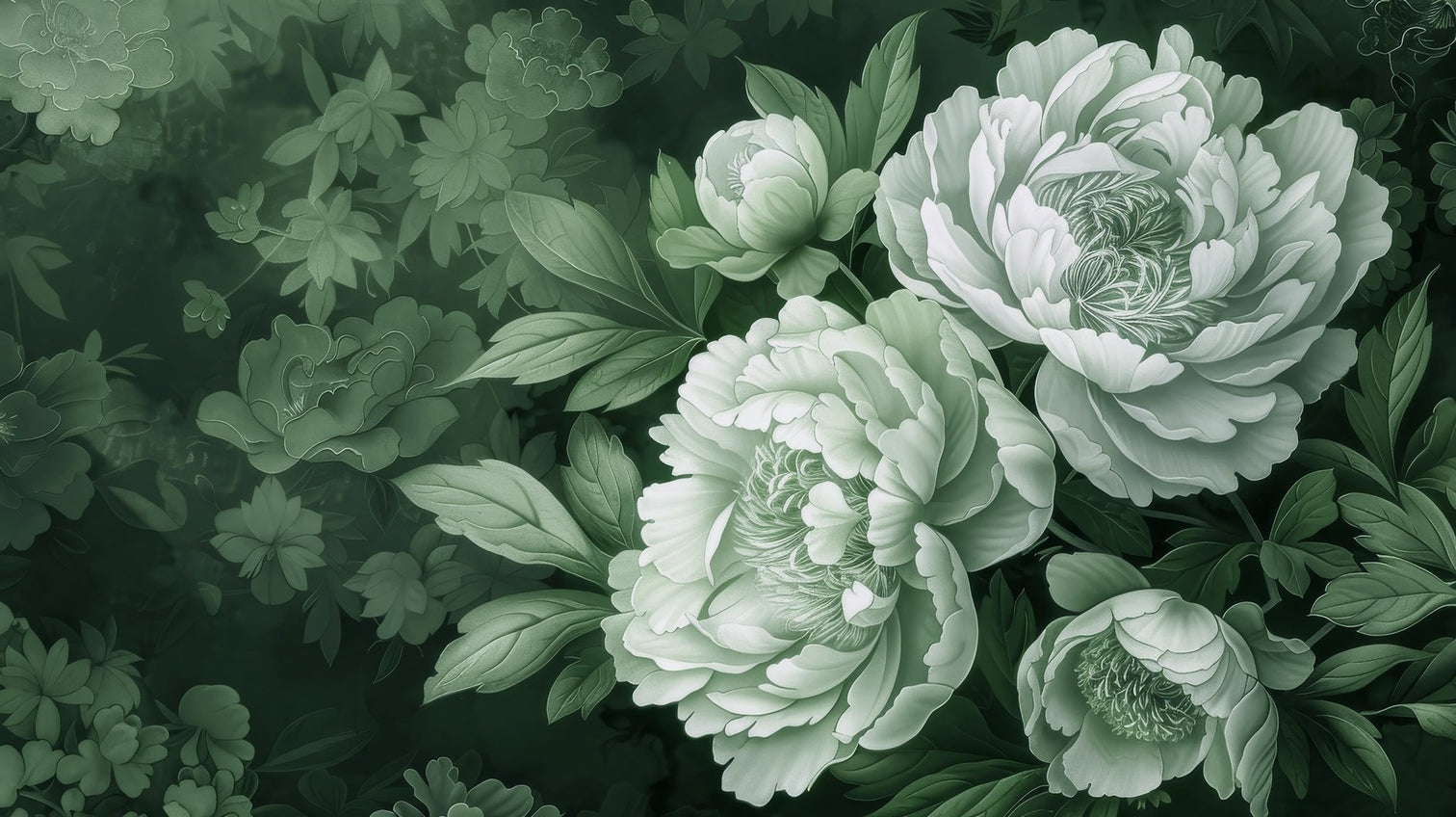 Elégance des pivoines en vert sauge - Illulart: Papier peint panoramique