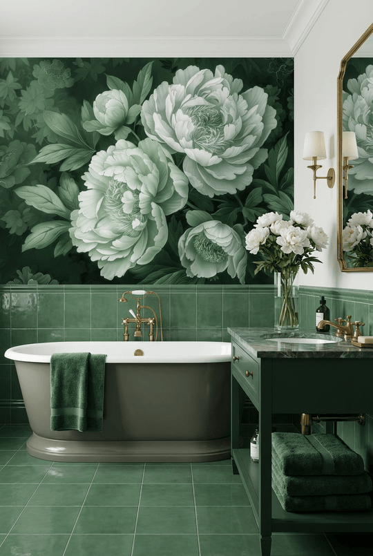 Elégance des pivoines en vert sauge - Illulart: Papier peint panoramique