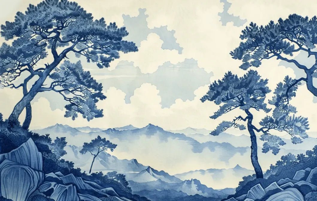 Élégance Japonaise - Papier Peint Panoramique asiatique en bleu - Illulart: Papier peint panoramique