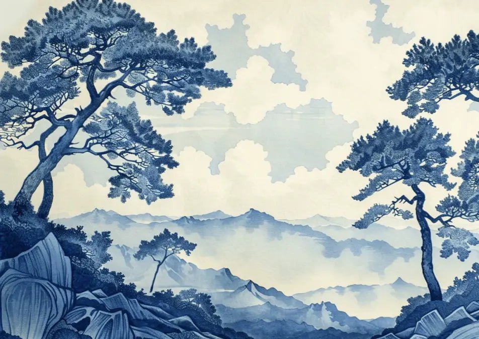 Élégance Japonaise - Papier Peint Panoramique asiatique en bleu - Illulart: Papier peint panoramique