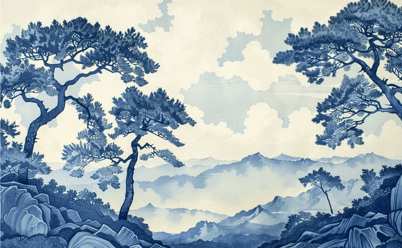 Élégance Japonaise - Papier Peint Panoramique asiatique en bleu - Illulart: Papier peint panoramique