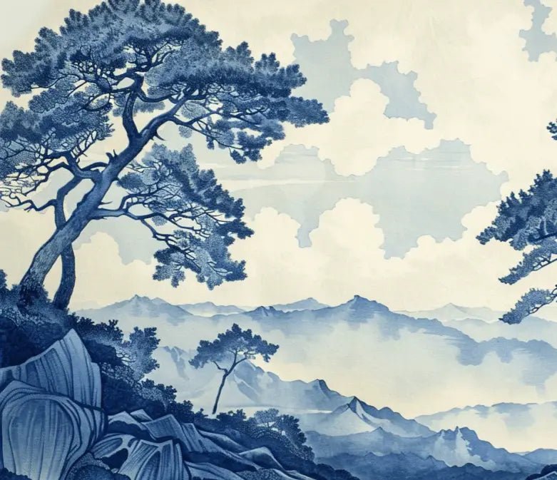 Élégance Japonaise - Papier Peint Panoramique asiatique en bleu - Illulart: Papier peint panoramique