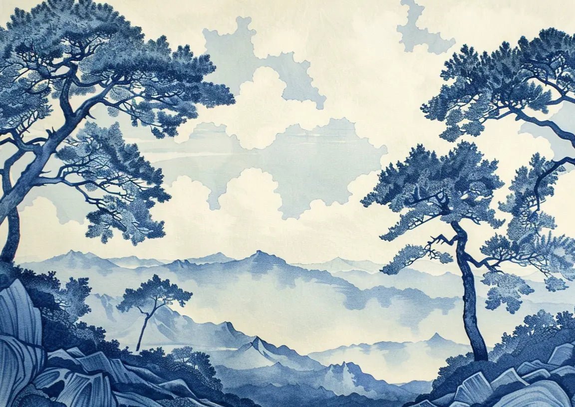 Élégance Japonaise - Papier Peint Panoramique asiatique en bleu - Illulart: Papier peint panoramique