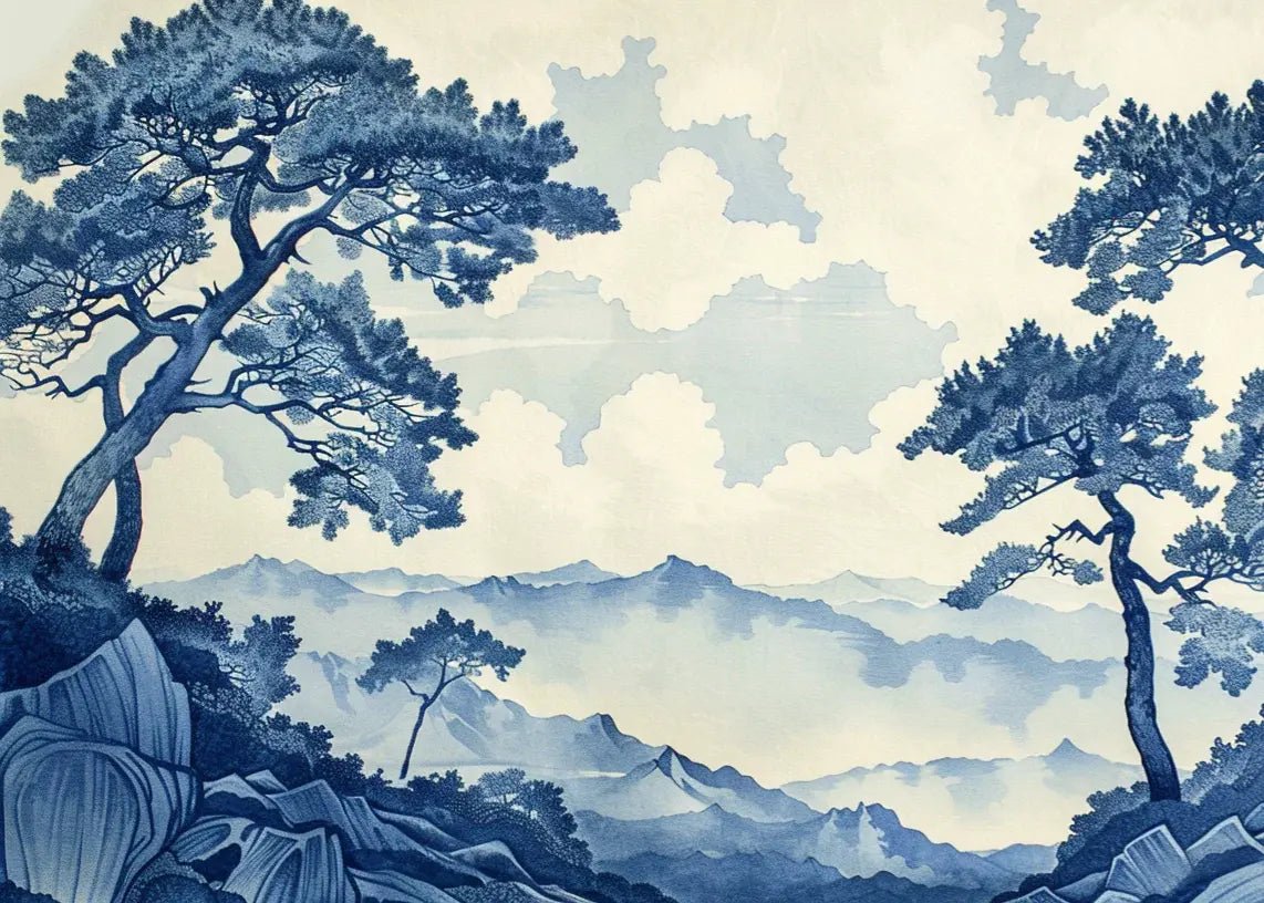 Élégance Japonaise - Papier Peint Panoramique asiatique en bleu - Illulart: Papier peint panoramique
