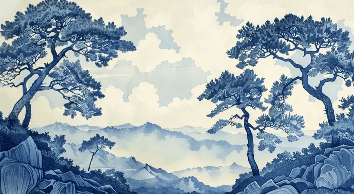 Élégance Japonaise - Papier Peint Panoramique asiatique en bleu - Illulart: Papier peint panoramique