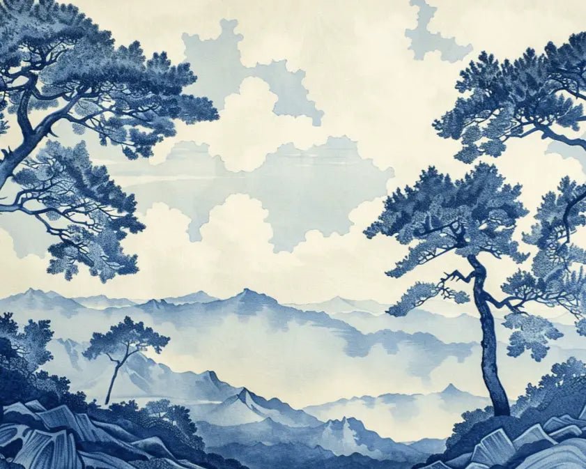 Élégance Japonaise - Papier Peint Panoramique asiatique en bleu - Illulart: Papier peint panoramique