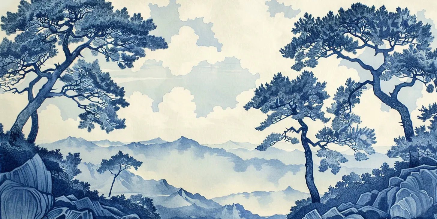 Élégance Japonaise - Papier Peint Panoramique asiatique en bleu - Illulart: Papier peint panoramique