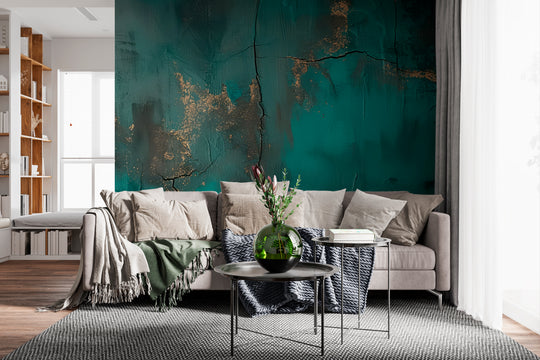 Raw Elegance: Emerald and Gold Crackle Effect Wallpaper