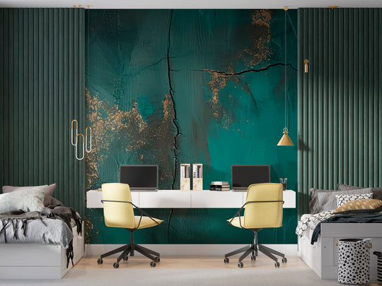 Raw Elegance: Emerald and Gold Crackle Effect Wallpaper