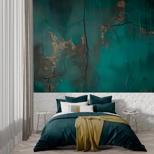 Raw Elegance: Emerald and Gold Crackle Effect Wallpaper