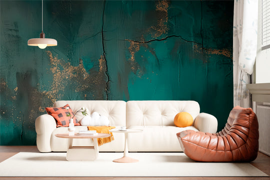 Raw Elegance: Emerald and Gold Crackle Effect Wallpaper