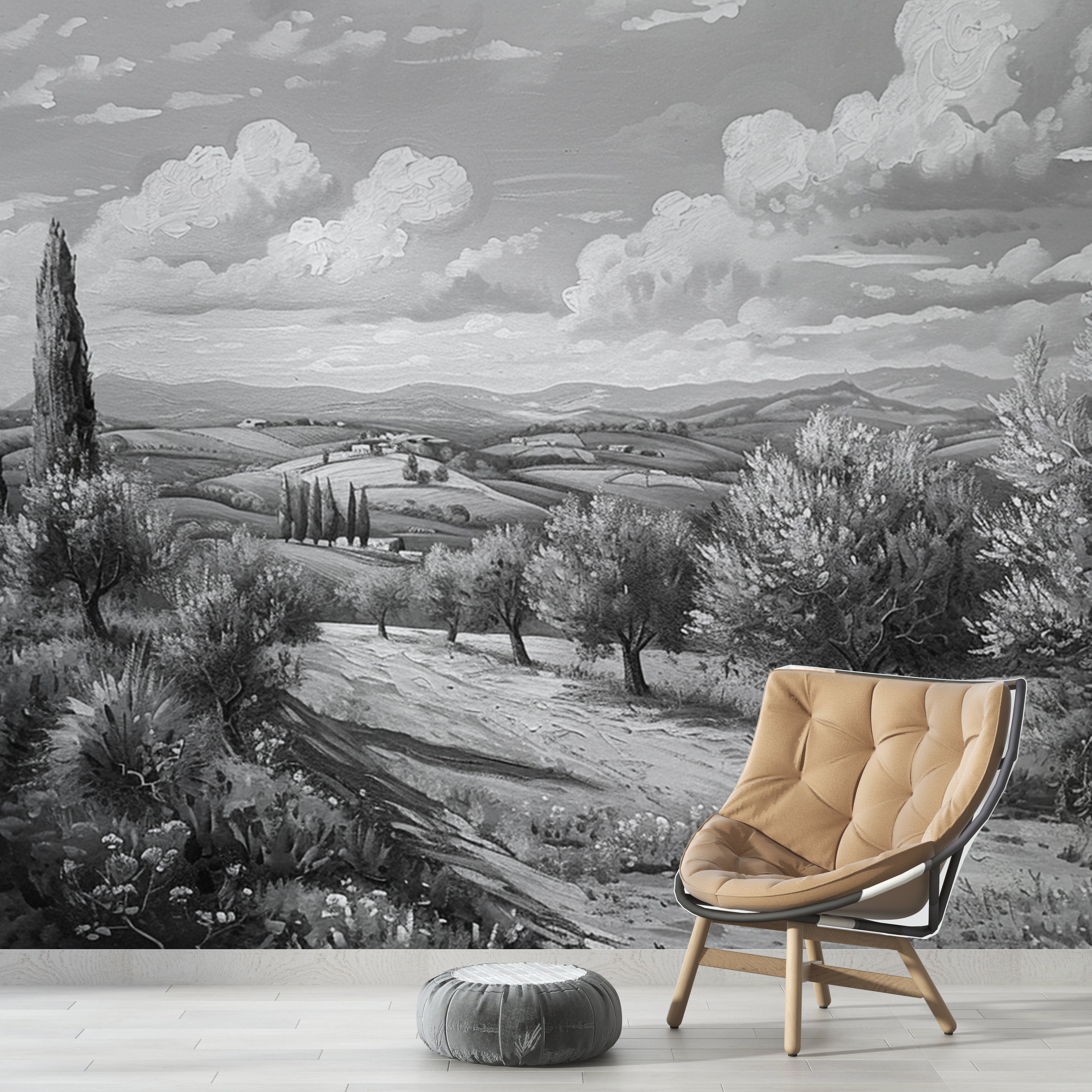Elegance of Oliviers – Black and White Panoramic Wallpaper