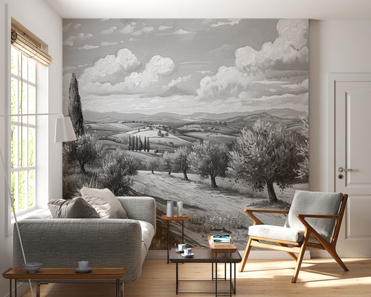 Elegance of Oliviers – Black and White Panoramic Wallpaper