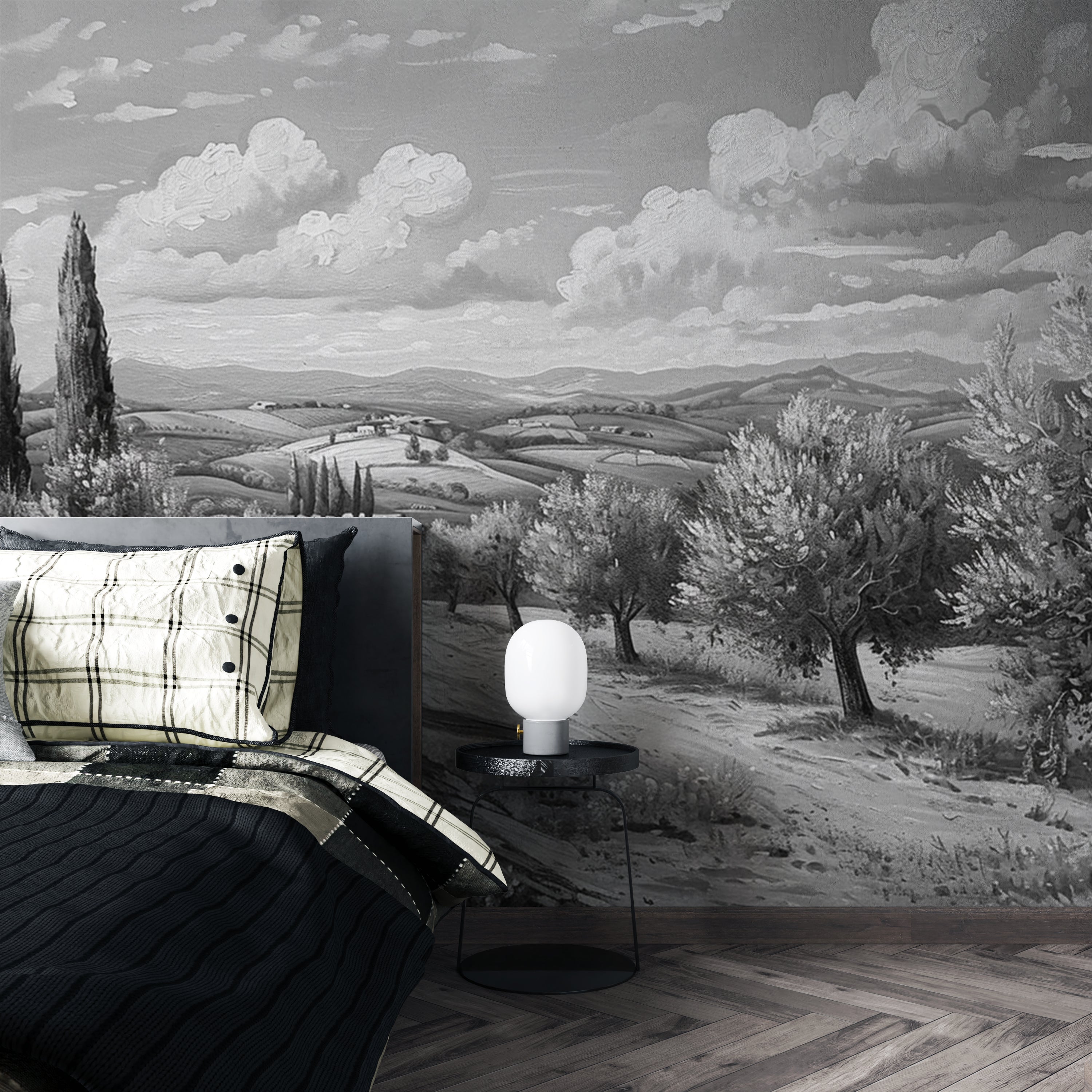 Elegance of Oliviers – Black and White Panoramic Wallpaper