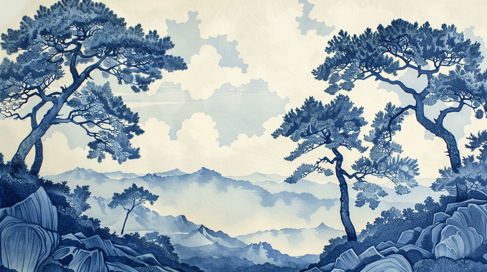 Élégance Japonaise - Papier Peint Panoramique asiatique en bleu