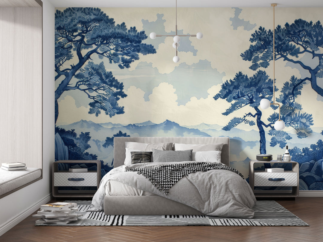 Japanese Elegance - Asian Panoramic Wallpaper in Blue