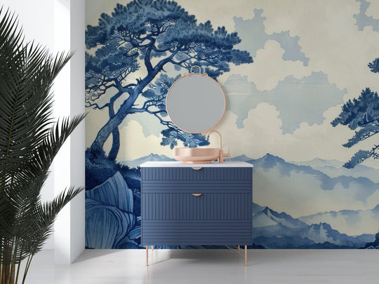 Japanese Elegance - Asian Panoramic Wallpaper in Blue