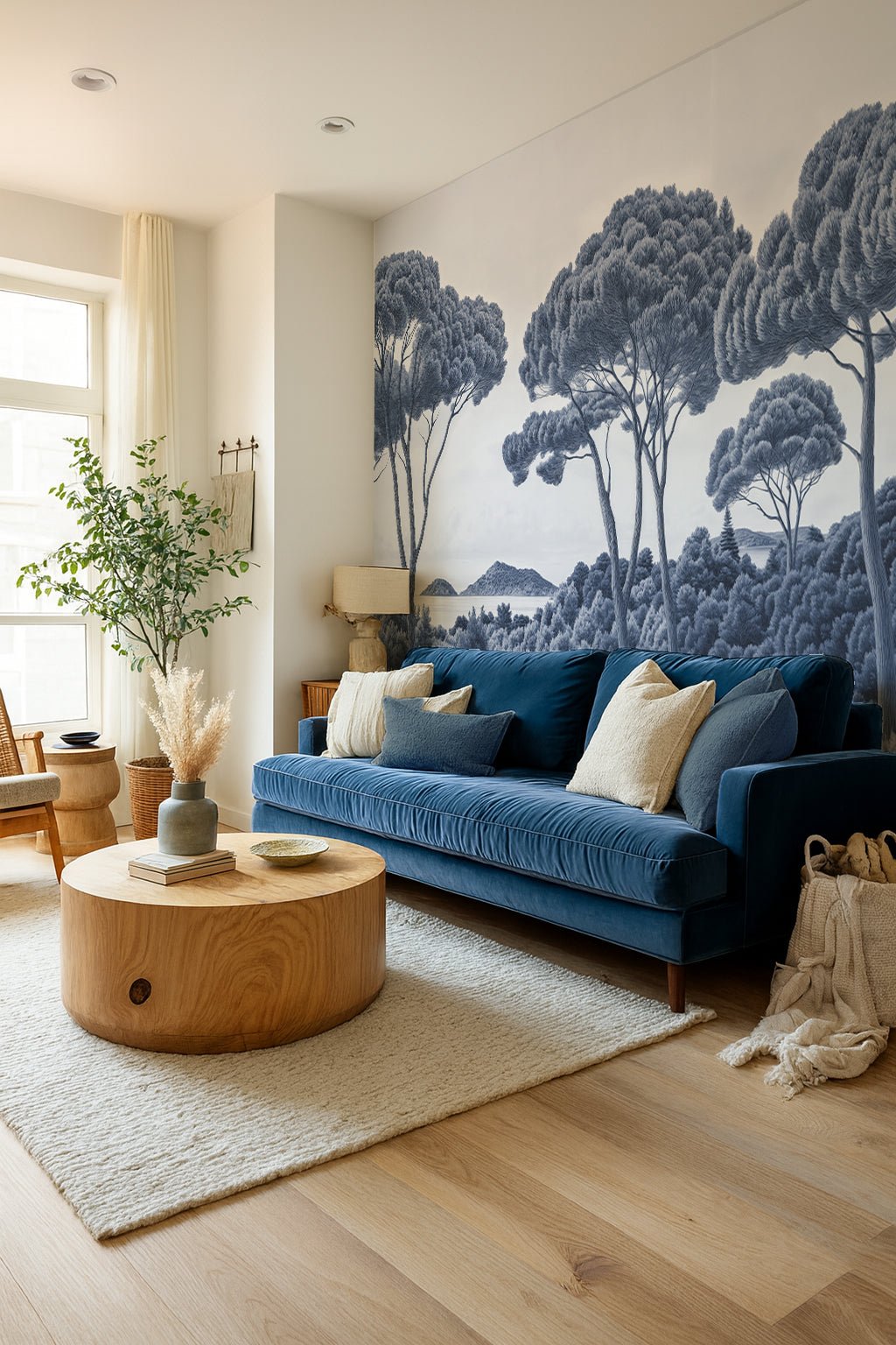 Entre pins et mer – Papier peint forêt méditerranéenne en cyanotype - Illulart: Papier peint panoramique