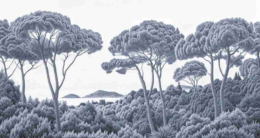 Entre pins et mer – Papier peint forêt méditerranéenne en cyanotype - Illulart: Papier peint panoramique