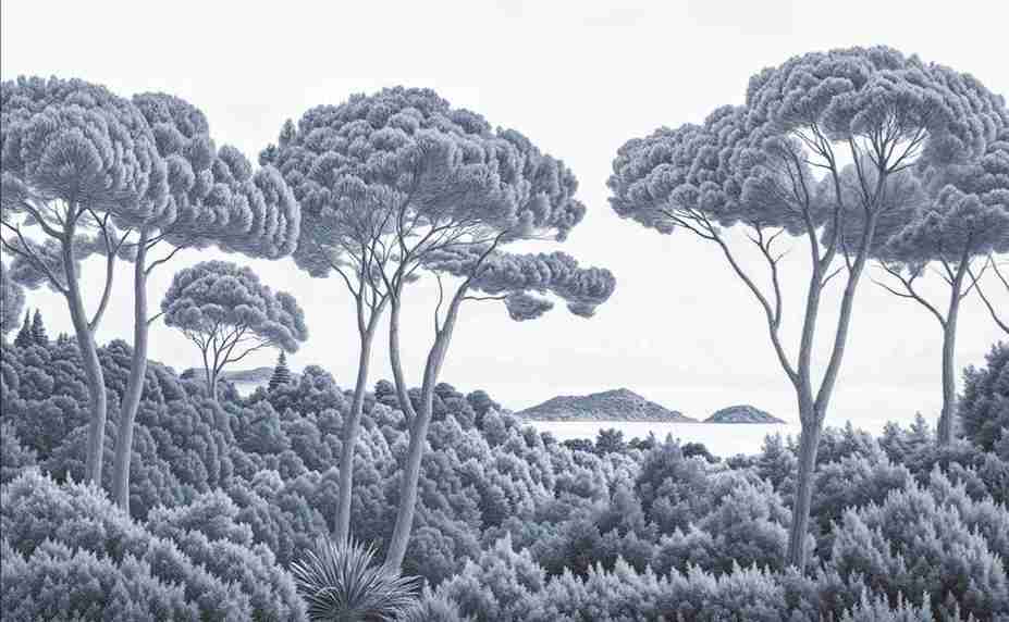 Entre pins et mer – Papier peint forêt méditerranéenne en cyanotype - Illulart: Papier peint panoramique