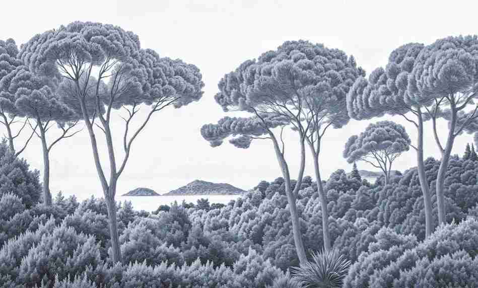 Entre pins et mer – Papier peint forêt méditerranéenne en cyanotype - Illulart: Papier peint panoramique