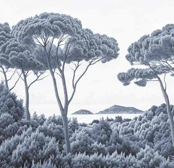 Entre pins et mer – Papier peint forêt méditerranéenne en cyanotype - Illulart: Papier peint panoramique