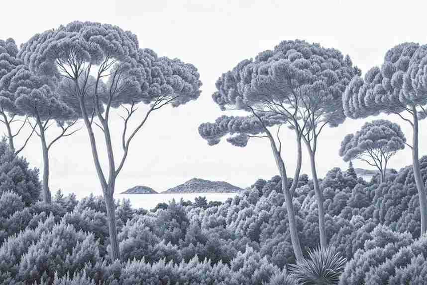 Entre pins et mer – Papier peint forêt méditerranéenne en cyanotype - Illulart: Papier peint panoramique