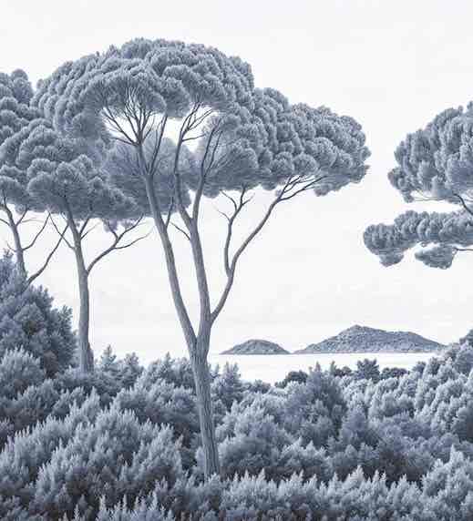 Entre pins et mer – Papier peint forêt méditerranéenne en cyanotype - Illulart: Papier peint panoramique