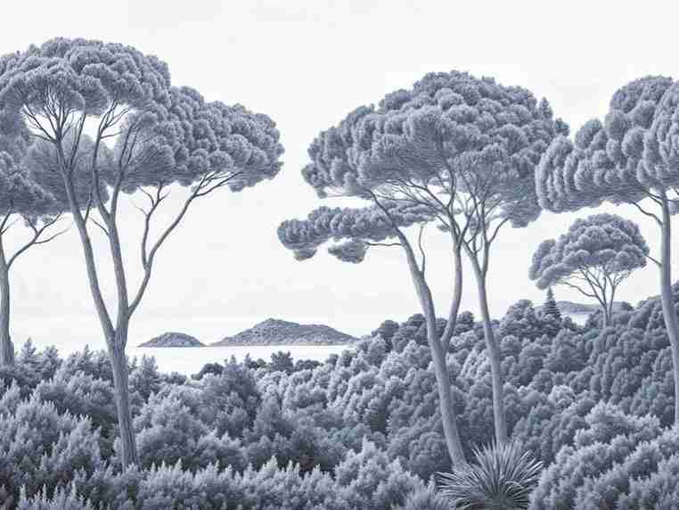 Entre pins et mer – Papier peint forêt méditerranéenne en cyanotype - Illulart: Papier peint panoramique