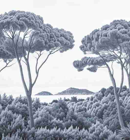 Entre pins et mer – Papier peint forêt méditerranéenne en cyanotype - Illulart: Papier peint panoramique