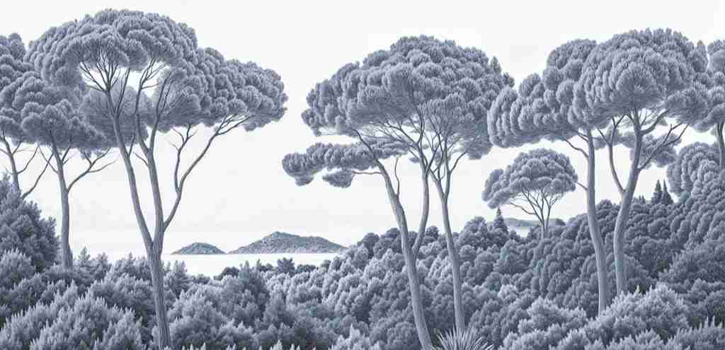 Entre pins et mer – Papier peint forêt méditerranéenne en cyanotype - Illulart: Papier peint panoramique