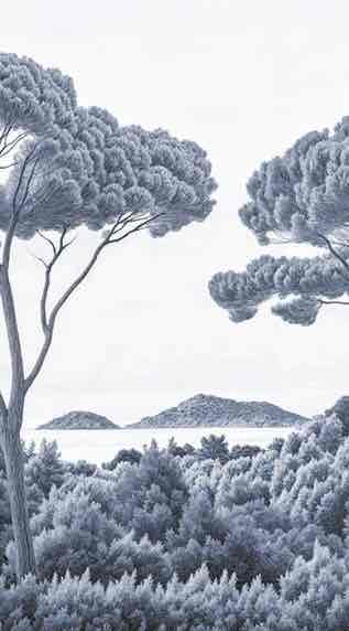 Entre pins et mer – Papier peint forêt méditerranéenne en cyanotype - Illulart: Papier peint panoramique