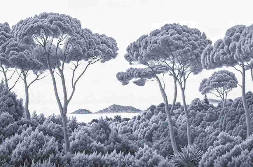 Entre pins et mer – Papier peint forêt méditerranéenne en cyanotype - Illulart: Papier peint panoramique